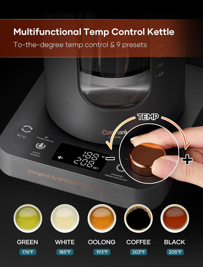 intasting Electric Tea Kettle, Glass Electric Kettle with tea Infuser and Precise knob temperature control, 1200W Fast Heating, BPA-Free, Easy to Clean, for Tea and coffee, 1 Liter (Dark Gray) - Image 3